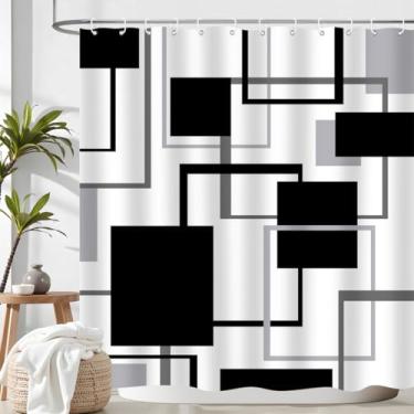 Imagem de ZXMBF Cortina de chuveiro geométrica abstrata preto branco cinza linhas quadradas simples estética arte moderna casa banheiro decoração tecido impermeável 182 cm C x 182 cm L com ganchos de plástico