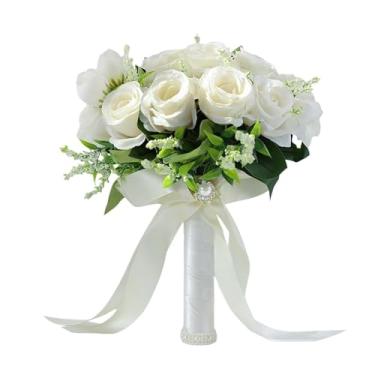 Imagem de Buquê de dama de honra branco feito à mão com folhas de rosa e eucalipto - Arranjo floral de casamento para damas de honra (fita branca)