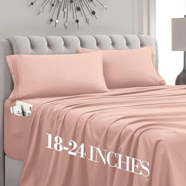 Imagem de Mocassi Jogo de lençol Queen Size com 4 peças - microfibra premium de qualidade de hotel 1800 45-61 cm, lençol com elástico extra profundo - luxuoso, macio, respirável, resistente a rugas e