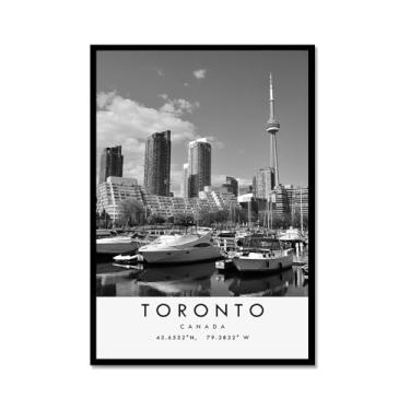 Imagem de Pôster de viagem preto e branco impressão paisagem da cidade do mundo pintura em tela pôster de Toronto imagem de arte de parede decoração de casa (8 x 12 polegadas (20 x 30 cm), moldura de metal)