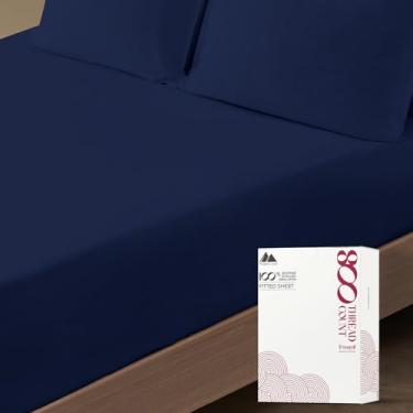 Imagem de Mayfair Linen 1 lençol com elástico 100% algodão de 800 fios apenas, lençol California King azul marinho, longo - lençol de algodão natural puro penteado básico, tecido acetinado macio e sedoso