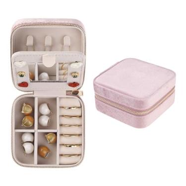 Imagem de Caixa de joias de viagem com espelho para presentes de aniversário, pequena caixa organizadora de joias de veludo portátil de pelúcia suporte de exibição de armazenamento 10 x 10 x 5 cm rosa