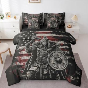 Imagem de Erosebridal Jogo de cama vintage com bandeira americana, 7 peças, tamanho casal, nórdico, viking, étnico, tribal, misterioso, conjunto de edredom com lençol com enchimento de edredom viking nórdico