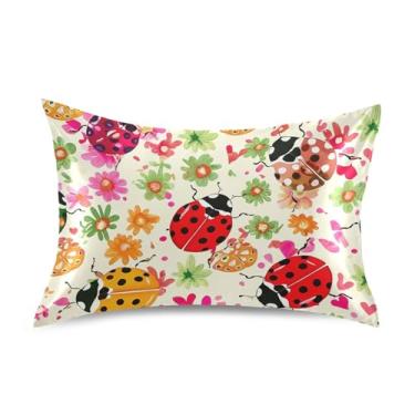 Imagem de Fronhas para cabelo joaninhas coloridas floral bege cetim resfriamento padrão queen king size fronha macia personalizada tamanho queen size 76,2 cm x 50,8 cm