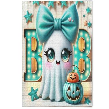 Imagem de Quebra-cabeça adulto verde de desenho animado fantasma de Halloween 1000 peças, presentes de jogo tecnológico, cena de outono, jogo familiar, decoração de casa, 1000 peças, 75 x 50 cm