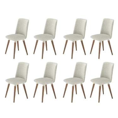 Imagem de Kit de 8 Cadeiras de Madeira Maciça Estofada Dakota - Natural c/ Bouclé Cru e PU Off White - Champanhe