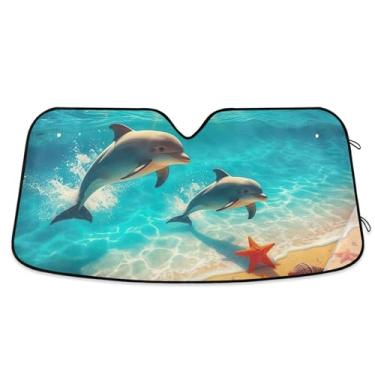 Imagem de Toldo de sol de praia de golfinhos fofos para para-brisa de carro bonito impressão retrátil personalizada capa de para-brisa automotiva protetor solar L, 144,8 cm x 80 cm