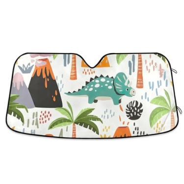 Imagem de Capa protetora de para-brisa automotiva personalizada com estampa universal dobrável de dinossauros de desenho animado branco para para-brisas branco, 144,8 cm x 80 cm