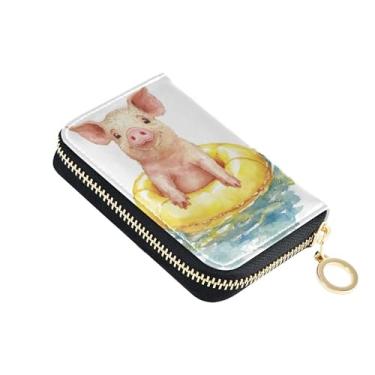 Imagem de Carteira feminina de desenho animado rosa porco aquarela pequena com 9 compartimentos para cartão de crédito e 2 compartimentos para dinheiro, couro com zíper e porta-dinheiro