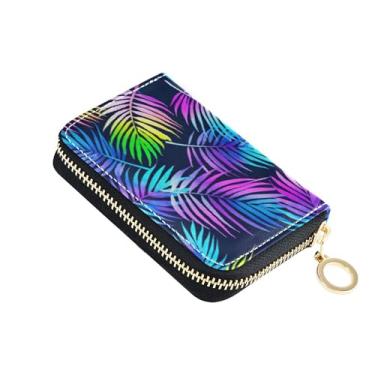Imagem de Porta-cartões de crédito com bloqueio de RFID carteira feminina de couro pequena carteira para dinheiro com bolso para moedas, aquarela folhas de palmeira, arco-íris