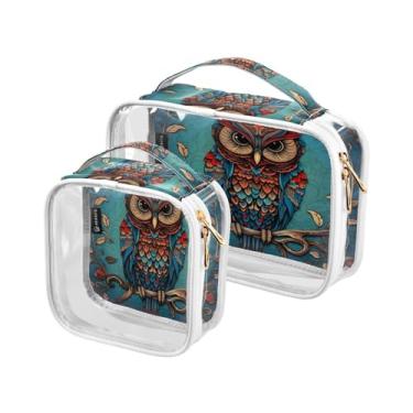 Imagem de GAIGEO Conjunto de 2 sacos de maquiagem transparentes com coruja decorativa na cor azul, sacos de maquiagem de plástico transparente com zíper para viagens, Coruja decorativa na cor azul-4, one size