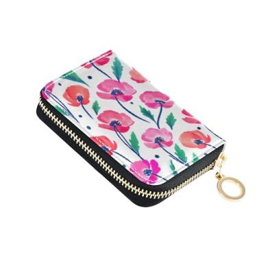Imagem de Carteira feminina para cartões de crédito com bloqueio de RFID, zíper ao redor de couro, com bolsa de moedas, flores em aquarela rosa