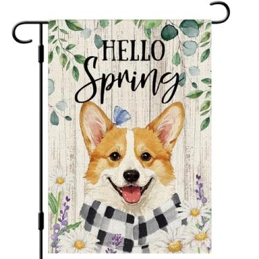 Imagem de DLZDN Hello Spring Corgi Bandeira de jardim para cães 30,5 x 45,7 cm, dupla face, vertical, serapilheira, quintal, decoração sazonal ao ar livre