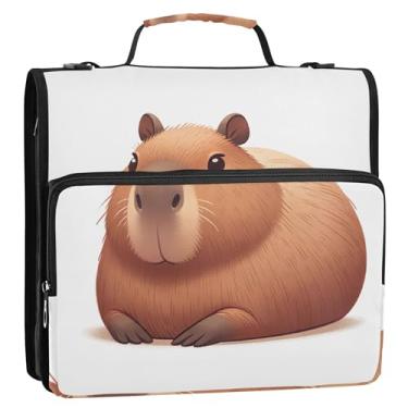 Imagem de Fichários grandes de 3 anéis de 3 cm para serviço pesado, fofo, capivara, estampa animal, organizador de fichários com zíper, vários bolsos, pasta de portfólio grande com alça bolsa escolar