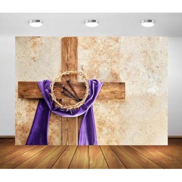 Imagem de Loccor 2,4 x 1,8 m Tecido Quaresma Temporada Cruz Semana Santa Cruz de Madeira com Pregos Fundo Crucificação de Jesus Cenários Páscoa Religiosa Igreja Cristã Decoração Estúdio Foto Adereços