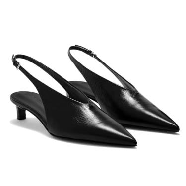 Imagem de Coutgo Sapato social feminino de salto baixo com bico fino fechado e corte em V, Preto, 35