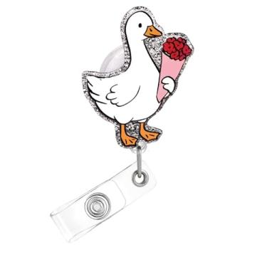 Imagem de Carretel de crachá de dia dos namorados, lindo crachá de acrílico de ganso para crachá de identificação, suporte retrátil telescópico, acessórios de clipe de jacaré com desenhos de flores para