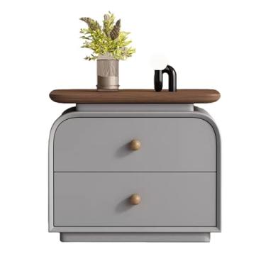 Imagem de KXPSWGE Mesa de cabeceira de madeira maciça com 2 gavetas, mesa lateral prática para cama/mesa de cabeceira, mesas de canto pequenas, sala de estar, cômoda natural para quarto, design de perfil curvo