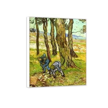 Imagem de BMZFYBS Vincent van Gogh Famosa pintura em tela de arte de parede pronta para pendurar. Diggers Among Trees. Imagem em moldura branca para decoração de sala de estar 70 x 85 cm 27 x 33 pol
