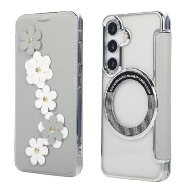 Imagem de Capa carteira para Samsung Galaxy S25, 3 compartimentos para cartão e anel magnético, bloqueio RFID, compatível com carregamento sem fio, traseira transparente, design floral de couro, proteção contra