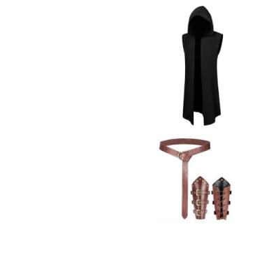 Imagem de Verceco Conjunto de fantasia masculina renascentista – fantasia medieval/renascentista masculina com cinto e cintas de couro com capuz, Preto, XXG