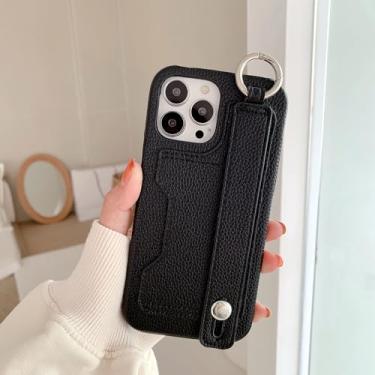 Imagem de IRTGFG Para iPhone 16 Pro Max, pulseira de couro à prova de choque, porta-cartões, capa tipo carteira, alça de mão, suporte (para iPhone 16 Pro Max/preto)
