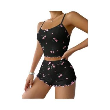 Imagem de Conjunto De Pijama Feminino Com Estampa De Coração, Sem Costas, Decote