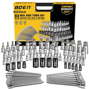 Imagem de BOEN Conjunto de soquetes Master SAE/Metric Allen e Torx de 84 peças | Unidade de 1/10.2 cm, 3/20.3 cm, 1/5.1 cm | Inclui pontas esféricas hexagonais e soquetes E-Torx | Aço S2 e CR-V