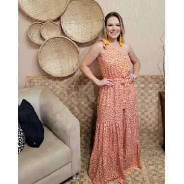Imagem de Vestido Longo Ombro Só - Lalibelula,  G, Estampa laranja