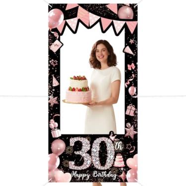 Imagem de Banner de aniversário de 30 anos, balão de lantejoulas com glitter rosa, cenário fotográfico, festa de aniversário, bandeira, moldura rosto no orifício, adereços para foto de fundo de selfie, recorte
