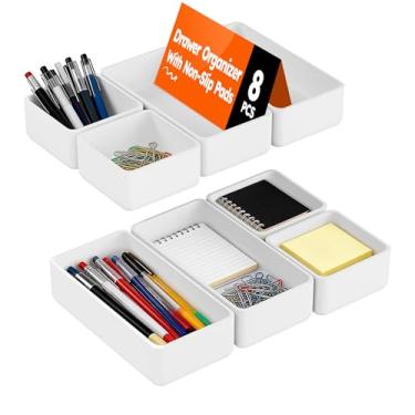 Imagem de eazttouz Pacote com 8 bandejas organizadoras de gaveta empilháveis, caixas de armazenamento rasas de plástico para penteadeira de banheiro, gaveta de mesa, cozinha, organização de maquiagem, branco