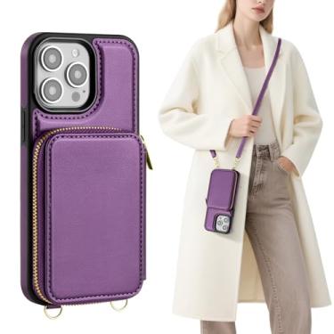 Imagem de SkyEagle Capa carteira feminina compatível com iPhone 13 Pro 【bloqueio de RFID】 Capa transversal de couro PU com zíper bolsa de mão com alça de pulso para Apple 13 Pro 6,1 polegadas, roxa