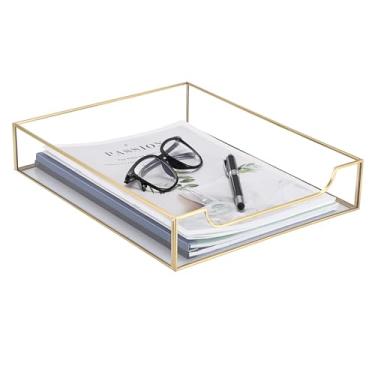 Imagem de 1 bandeja de cartas de vidro de metal dourado organizador de arquivos de documentos. Exterior 26 x 32 x 5,5 cm