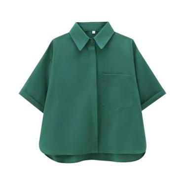 Imagem de Camisa Feminina De Manga Curta Com Gola Polo Em Cor Sólida E Bolso Mod