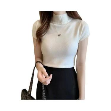 Imagem de Camiseta Feminina De Manga Curta Com Gola Alta Em Cor Sólida Top De Ve