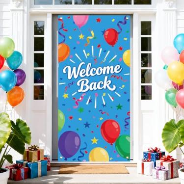 Imagem de arricraft 1 peça de capa de porta de poliéster com tema de boas-vindas, 185 x 90 cm, azul, bem-vindo, colorido, balão, pano de fundo, faixa de porta, sinal de varanda para fotografia, fundo para festa