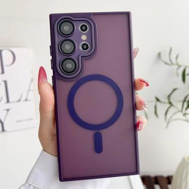 Imagem de HJZSZX Capa traseira rígida com lente de metal cinza titânio para S23 Ultra com carregamento magnético (para S23 Ultra/roxo escuro)