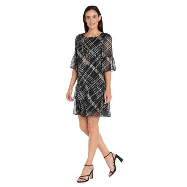 Imagem de R&M Richards Vestido feminino elegante de chiffon Lurex | Bainha esvoaçante em camadas e mangas de sino | Convidada de casamento para coquetéis noturnos, Preto/Multi, M