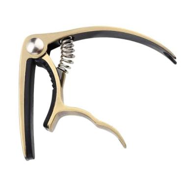 Imagem de Capo de guitarra de liga com design de pino de elevação de cordas, ajuste universal para tocadores elétricos acústicos e de ukulele, oferecendo controle de pressão suave dourado