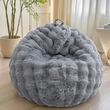 Imagem de LIFEREVO Capa de pufe infantil fofa de pele de coelho sintética (sem enchimento), saco de feijão macio de pelúcia para armazenamento de animais felpudos, capa de pufe peludo fofo cinza para crianças