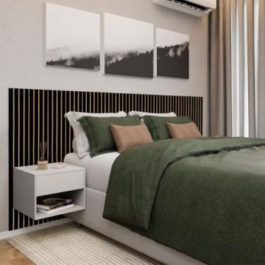 Imagem de Cabeçeira Ripada Painel e 2 Mesas de Cabeçeira com Gavetas MDF Madeirado Elegancia no Dormitório Kit Completo Casal, Queem e King Size (Preto/OffWhite)