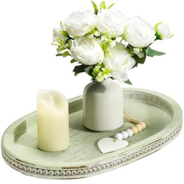 Imagem de Hanobe Bandejas decorativas para mesa de café: bandejas ovais de banheiro verde-sálvia - decoração moderna de casa de fazenda de madeira para mesa de entrada de balcão de cozinha