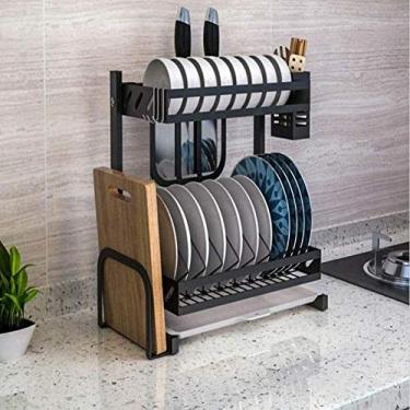 Imagem de Rack de secagem de talheres de aço inoxidável preto forte com placa de drenagem e gaiola de pauzinhos pendurados, suporte de faca, utensílios de cozinha, utensílios de mesa