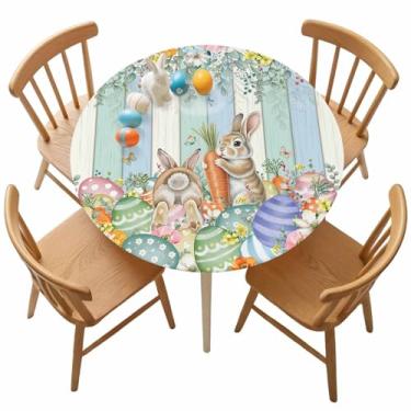 Imagem de Toalha de mesa redonda de coelhinho da Páscoa com borda elástica, coelho fofo, cenoura, ovos coloridos, folhas de eucalipto, grão de madeira, à prova de óleo, capa de mesa à prova d'água para festas e