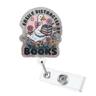 Imagem de Facilmente Distracted by Books Carretel de crachá de ganso fofo, porta-crachá de enfermeira retrátil engraçado com clipe jacaré giratório para estudantes de enfermagem RN CNA LPN Ma