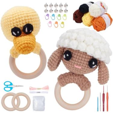 Imagem de WEBEEDY 2 conjuntos de kit de crochê de madeira de pato de cabra DIY para adultos iniciantes, agitador de chocalhos de madeira com fios, sinos, recheio, ferramentas, presente feito à mão para chuveiro