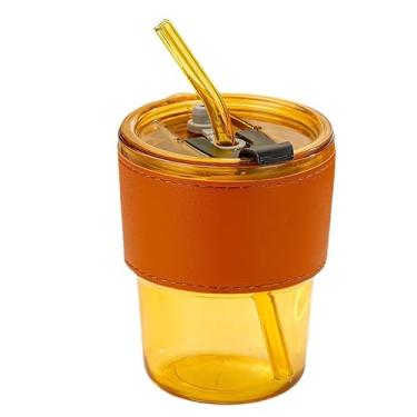 Imagem de Coolcapis Copo de água de 368 g, canecas de café de vidro com canudo e tampa (1 peça âmbar com manga de couro)