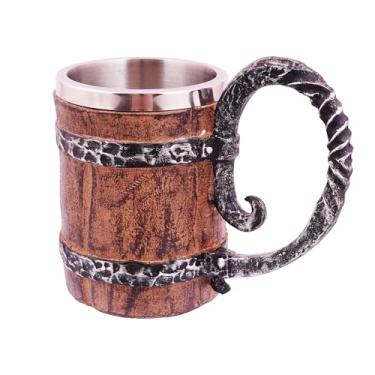 Imagem de Caneca de barril de madeira Viking Stein – Tanque de aço inoxidável com alça, mitologia nórdica decoração de festa gótica presente para homens