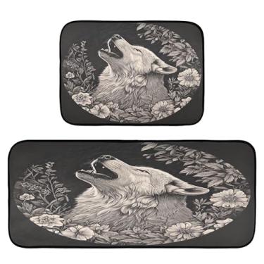Imagem de xigua Conjunto de 2 peças de tapetes e tapetes de cozinha de lobo branco uivando tapetes de cozinha macios absorventes para chão tapete de cozinha antiderrapante, conjunto de capacho de cozinha 50 x