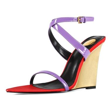 Imagem de CAGLGLZ Sandálias femininas de salto plataforma com tiras e bico aberto e pontiagudas, sandálias de salto com fivela e tira no tornozelo, sapatos sexy para vestido de casamento, Roxo, vermelho, 36